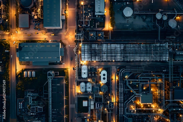 Fototapeta Industrial twilight: aerial view of factory complex at dusk