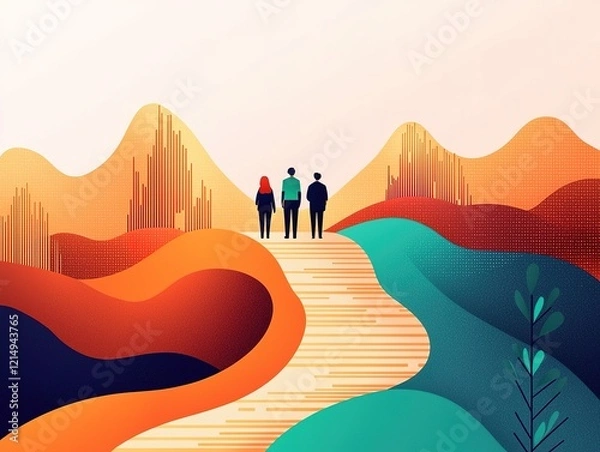 Fototapeta A vibrant illustration of three figures walking along a winding path through colorful abstract landscapes and stylized mountains.