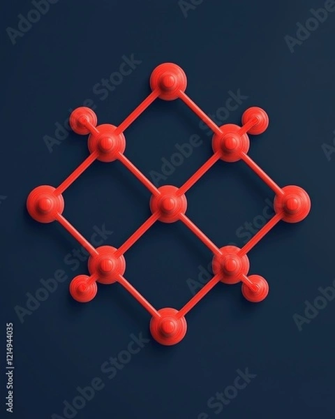 Fototapeta A geometric arrangement of red spheres connected by lines on a dark blue background, creating a modern abstract design.
