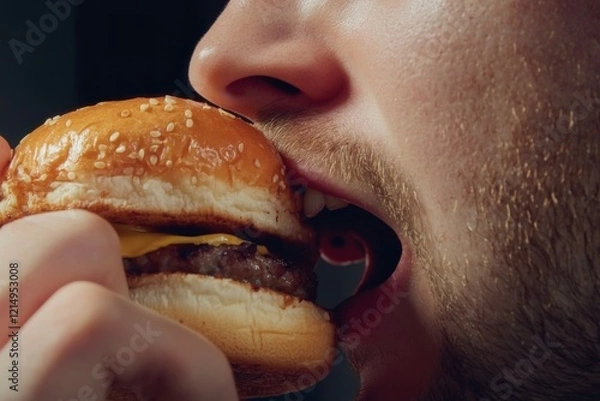 Fototapeta Man prepares to take a big bite from a delicious burger filled with cheese. Generative AI