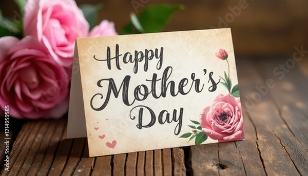 Fototapeta Happy Mother's Day card mockup with a rustic design, featuring a handwritten message and floral accents. Congratulation mothers day, birthday, international womens day.