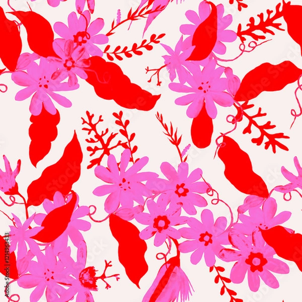 Fototapeta Abstract Hand Drawing Two Colors Flowers and Leaves Seamless Vector Pattern Isolated Background Seamless vector floral pattern in Hawaiian style with big flowers. Silhouette flower pattern for textile