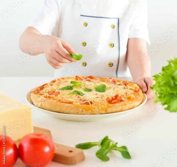 Fototapeta The boy puts on a pizza basil leaves; cheese, two tomatoes, lettuce are in front