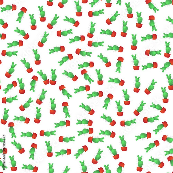 Fototapeta Green Cactus Seamless Pattern on White. Houseplant Background.