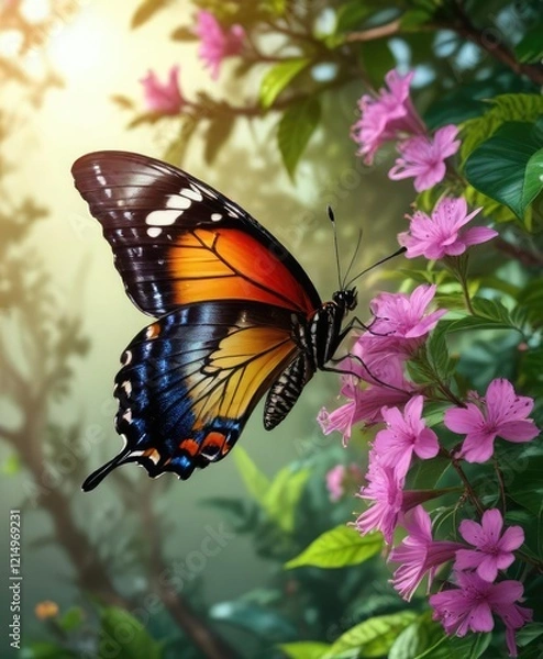 Fototapeta A colorful butterfly sipping nectar from a flower in a tree's foliage, entomology, flowers