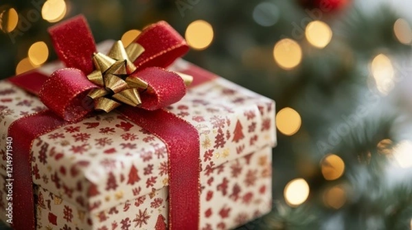 Fototapeta Festive Christmas Gift with Red Ribbon and Bow