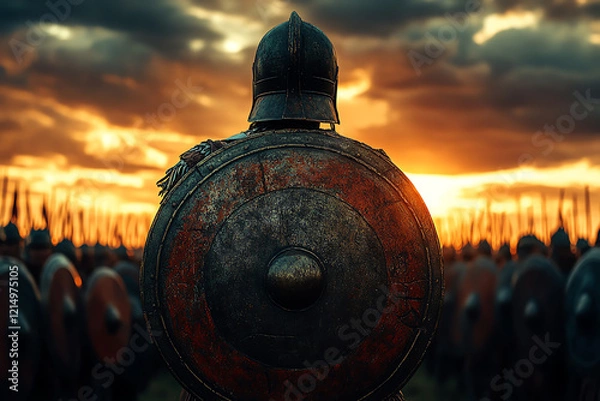 Obraz Ancient warrior with shield facing sunset, ready for battle