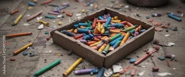 Fototapeta A box of broken crayons with some still intact amidst the fragments, playful ruin, colorful fragments, broken color