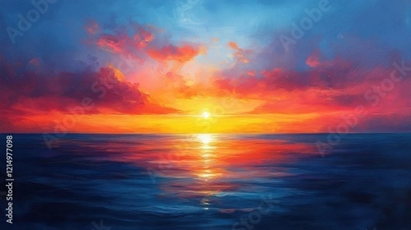 Fototapeta Mesmerizing sunset over calm ocean with vibrant clouds and reflections