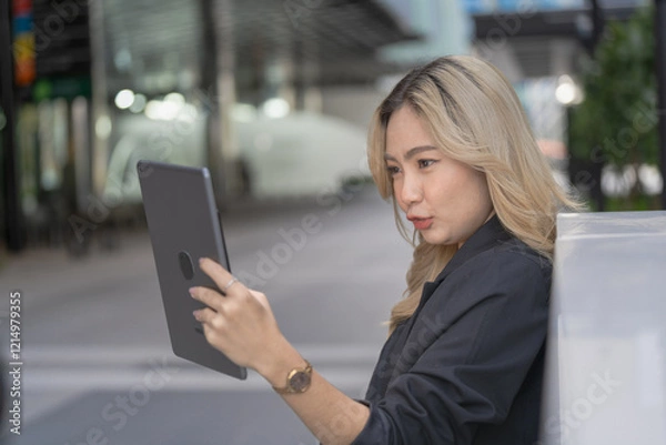 Obraz Professional woman holding a tablet in a modern urban setting surrounded by skyscrapers, showcasing confidence, technology, and adaptability in a sleek and innovative environment.