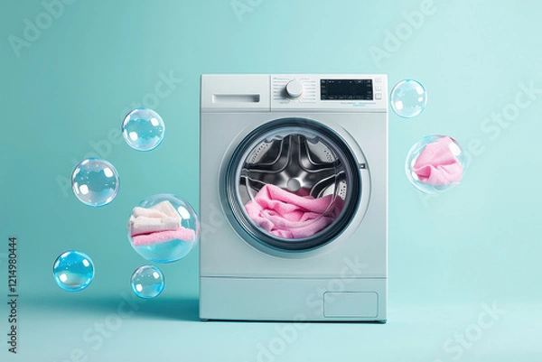 Fototapeta A washing machine with bubbles and pink clothes, displaying modern laundry technology.