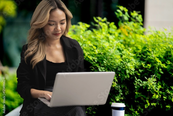 Fototapeta Young professional using her laptop while seated in a green urban space. A portrayal of a modern career lifestyle, highlighting technology, focus, and outdoor productivity.