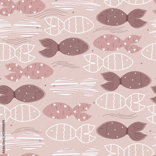 Obraz Hand drawn fishes with hearts on pink background. Cute vector illustration for Valentine's Day.