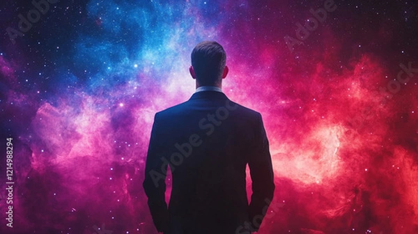 Fototapeta A back view silhouette of a man in a space concept background, highlighting the universe, astronomy, and the night sky, with abstract and minimalistic elements, bright tones, and a blurred cosmic atmo