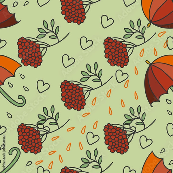 Fototapeta Autumn rainy pattern with umbrellas, kalina, leaves and hearts.