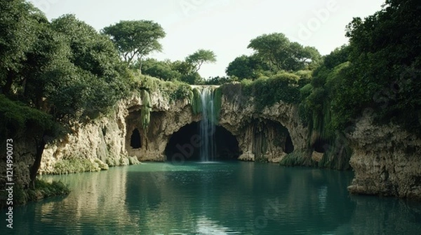 Fototapeta Serene Waterfall Cascading Into Calm Lake Surrounded by Lush Greenery and Majestic Rock Formations in Nature Paradise