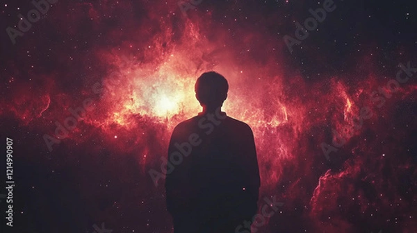 Fototapeta A back view silhouette of a man in a space concept background, highlighting the universe, astronomy, and the night sky, with abstract and minimalistic elements, bright tones, and a blurred cosmic atmo