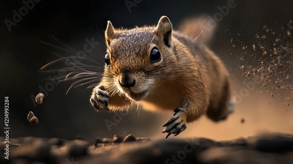 Fototapeta A squirrel dashes across the ground in motion, capturing a moment of speed and agility