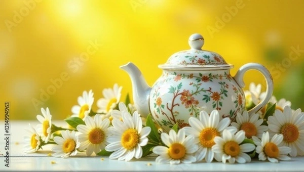 Fototapeta A delicate porcelain teapot adorned with floral patterns rests amidst a charming arrangement of fresh daisies, creating a serene and idyllic springtime scene.