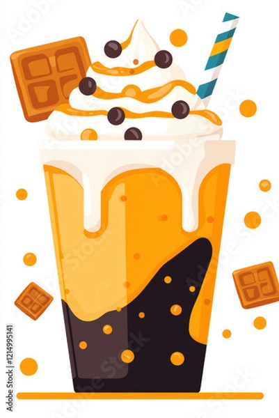 Fototapeta Milkshake illustration, Delicious butterscotch milkshake topped with butterscotch sauce, captured in high fidelity, perfect for dessert and beverage imagery.