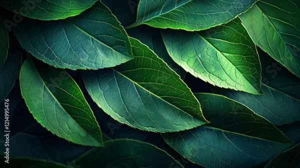 Fototapeta An abstract green leaf texture with overlapping dark and light green patterns, showcasing a sense of movement and softness, evoking a tranquil and deep connection with nature. 