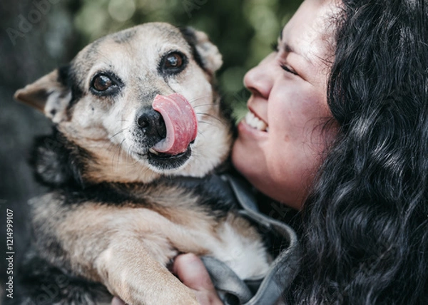 Fototapeta A close-up view of a young Latina kissing her black and beige dog. The dog sticks out its tongue in a graceful gesture evidencing mutual affection. A perfect display of love for dogs in one image.