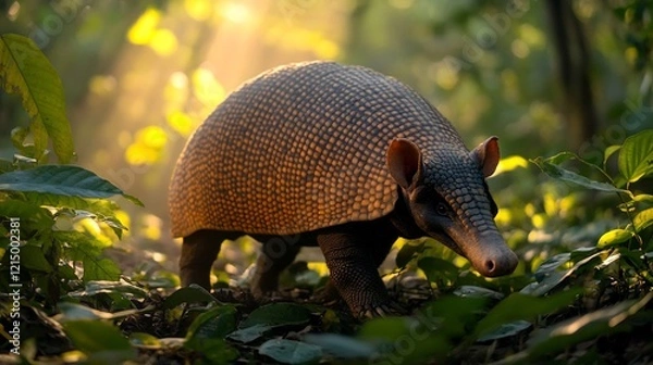 Fototapeta Giant armadillo walking through sunlit clearing Amazon rainforest its armored body glowing under dappled light surrounded by lush greenery captured with a low angle telephoto lens for vivid detail