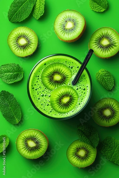 Fototapeta Milkshake illustration, A vibrant kiwi milkshake with fresh slices of kiwi, captured in high fidelity for enticing visual appeal. Perfect for beverage-related content.