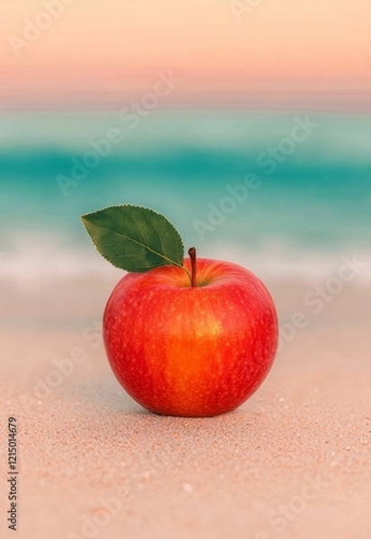Fototapeta Vibrant Red Apple on Wet Sand with Ocean and Sunset Reflections in Background
