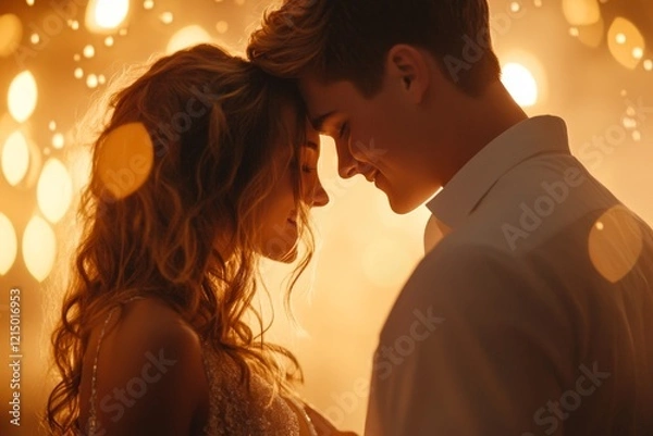 Obraz A couple dancing together in their living room, surrounded by soft sunlight and an open window with a fresh breeze