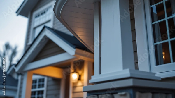 Fototapeta Captivating Evening View of a Modern Home's Architectural Details: A Blend of Stone, Brick, and Refined Design