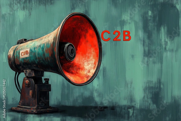 Fototapeta "C2B" written above an abstract megaphone, symbolizing consumer voices influencing businesses, on a sleek grayish-green canvas. Bright lighting, contrast