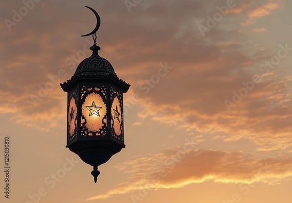 Fototapeta Photo of a crescent moon and Arabic lantern with a star on the sky at sunset, a Ramadan Islamic concept background.