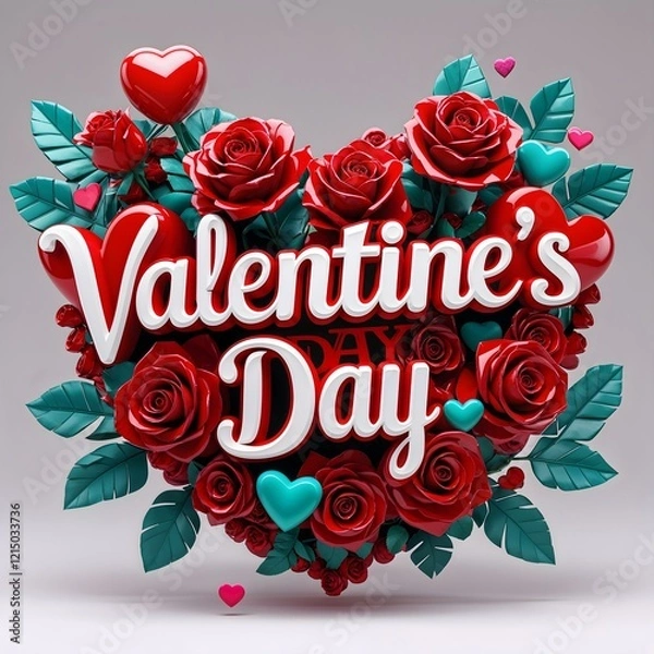 Obraz A vibrant Valentine's Day card concept featuring red hearts and roses. Valentine's Day 3D Text image.Happy valentines day greeting card banner lettering romantic red pink love heart theme.