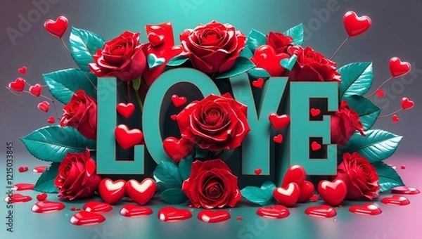 Obraz A vibrant Valentine's Day card concept featuring red hearts and roses. Valentine's Day 3D Text image.Happy valentines day greeting card banner lettering romantic red pink love heart theme.