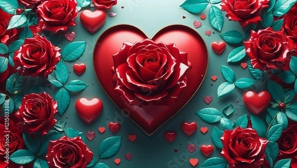 Obraz A vibrant Valentine's Day card concept featuring red hearts and roses. Valentine's Day 3D Text image.Happy valentines day greeting card banner lettering romantic red pink love heart theme.