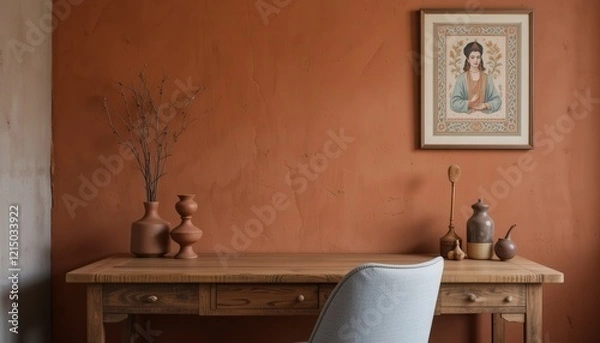 Fototapeta A cozy workspace showcases a wooden desk adorned with elegant pottery and framed artwork on an earthy orange wall. The arrangement radiates tranquility, perfect for creativity