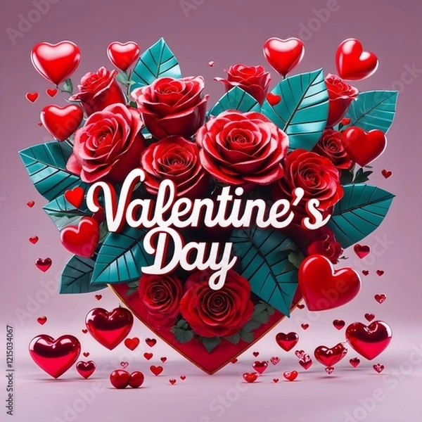 Obraz A vibrant Valentine's Day card concept featuring red hearts and roses. Valentine's Day 3D Text image.Happy valentines day greeting card banner lettering romantic red pink love heart theme.