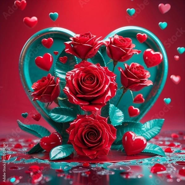 Obraz A vibrant Valentine's Day card concept featuring red hearts and roses. Valentine's Day 3D Text image.Happy valentines day greeting card banner lettering romantic red pink love heart theme.