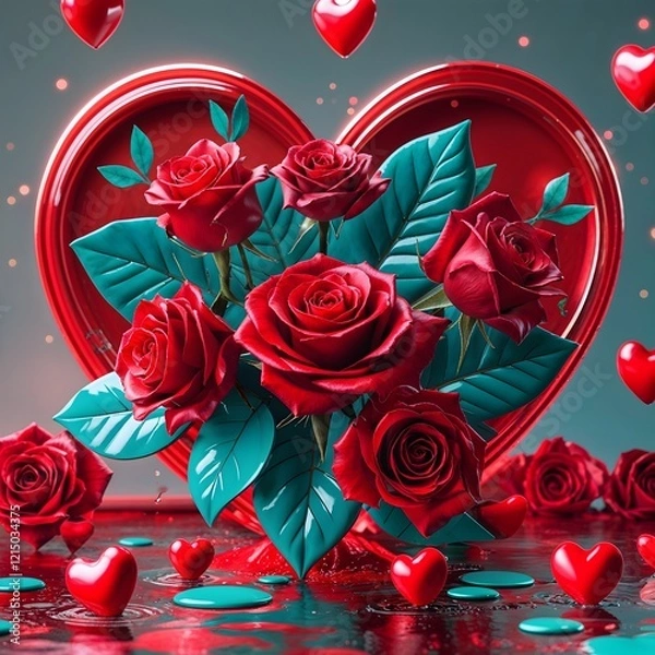 Obraz A vibrant Valentine's Day card concept featuring red hearts and roses. Valentine's Day 3D Text image.Happy valentines day greeting card banner lettering romantic red pink love heart theme.