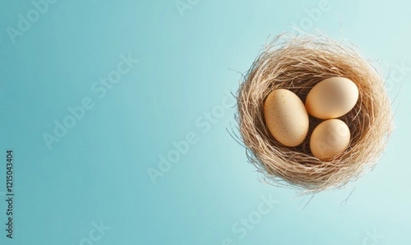 Fototapeta Elevated Easter Aesthetic Realistic Nest with Natural Eggs on Azure Sky - Spring Holiday and Mothers Day Decor for Modern Event Styling and Marketing Strategies