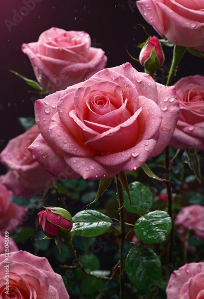 Fototapeta Pink rose in the garden when it rains. Growing flowers in the garden. Generative AI