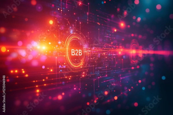 Obraz "B2B" displayed on a gradient background with abstract contract symbols and data flow. Bright lighting, contrast