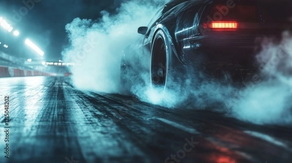 Fototapeta Smoke billows from a race car doing a burnout on a race track at night