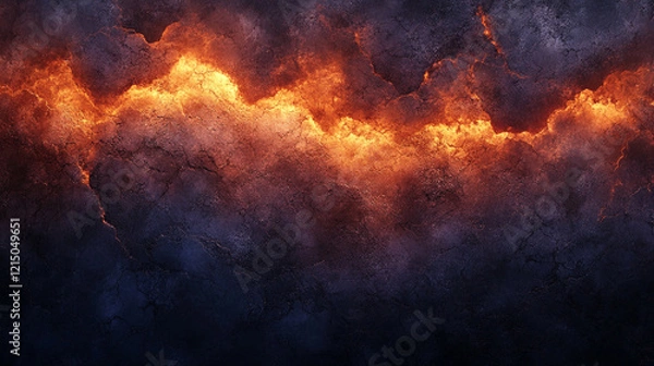 Fototapeta Geometric patterns in dark blue, purple, and orange, mimicking rough stone or metal tiles, create a minimalistic, modern, and abstract design with blurred empty space on the side, symbolizing chaos
