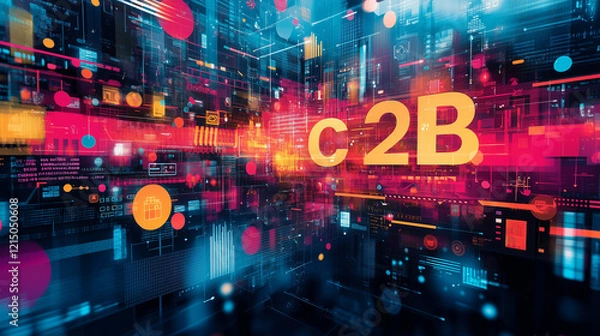 Obraz "C2B" written over a background of consumer products and technology icons blending seamlessly. Bright lighting, contrast