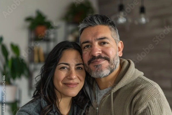Fototapeta Portrait of a happy latino couple in their 30s wearing a thermal fleece pullover in modern minimalist interior