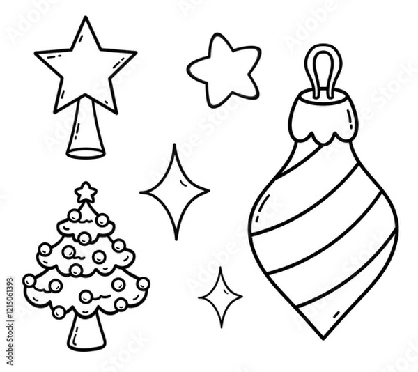 Obraz Christmas tree decorations, Christmas tree, snowflake, star, vector elements, coloring book, simple hand drawings, holiday decor, line art, cute elements, decor, winter, holidays