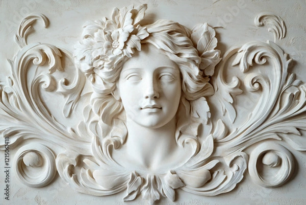 Fototapeta Carved image of an elegant bas relief on a textured wall with gypsum generative AI technology