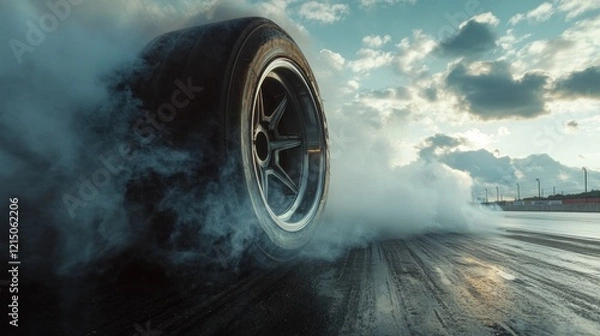 Fototapeta Extreme burnout of a tire on the race track during a competition